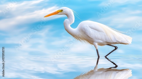A white bird standing in the water with a blue sky in the background