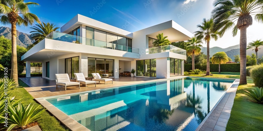 Luxurious White Villa with Pool, Palm Trees, Sunny Day - Elegant Mediterranean Home Luxurious White Villa with Pool, Palm Trees, Sunny Day - Elegant Mediterranean Home