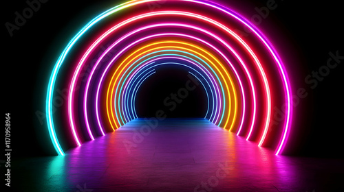 Vibrant neon rainbow tunnel urban space digital art dark environment eye-level view futuristic concept