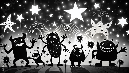 Playful Black & White Monster Doodle Silhouette: Whimsical Quirky Stars Abstract Shapes photo