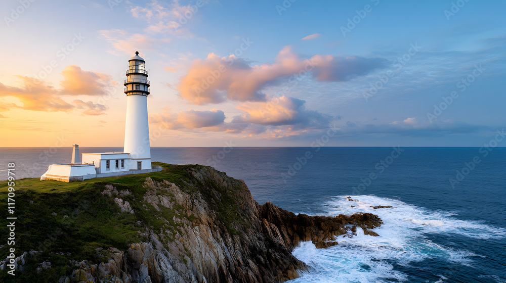 Naklejka premium Sunset lighthouse views coastal cliffs photography oceanfront aerial perspective serenity and guidance