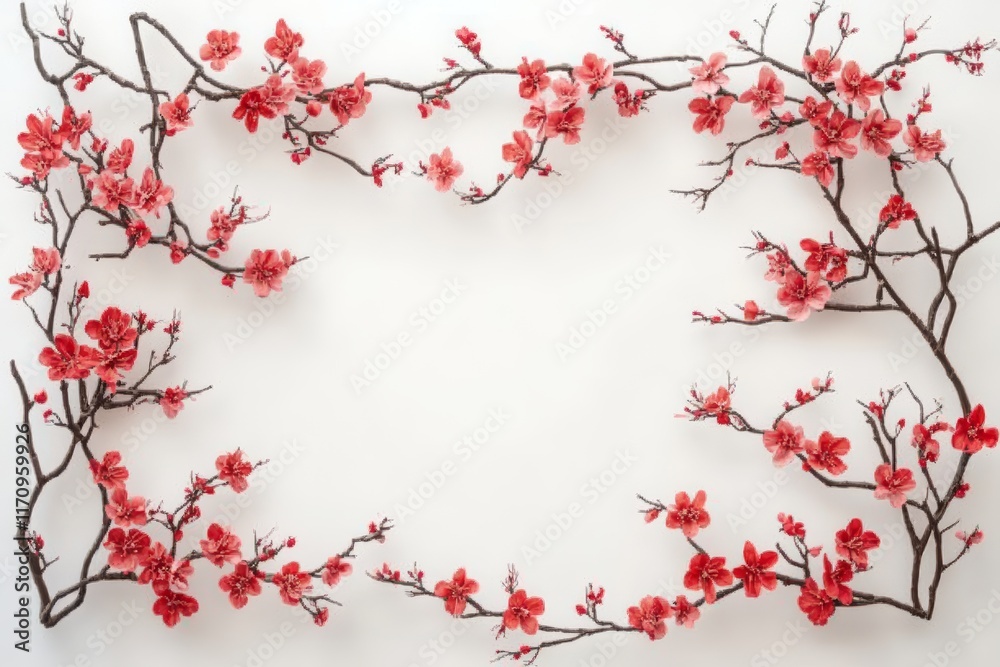 Naklejka premium Delicate cherry blossom branches frame the photo. By leaving the area in the middle of the image blank. All this is set on a white background with light red accents.