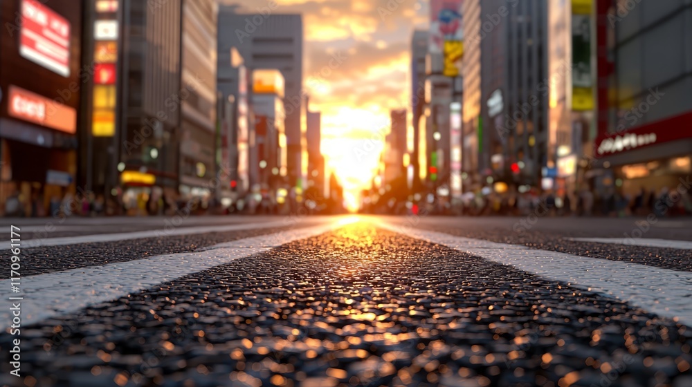 Obraz premium A city street at sunset with the sun setting in the distance