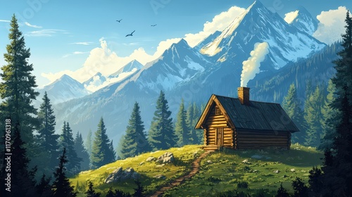 Wallpaper Mural Mountain Cabin Amidst Majestic Peaks and Evergreen Forest Torontodigital.ca