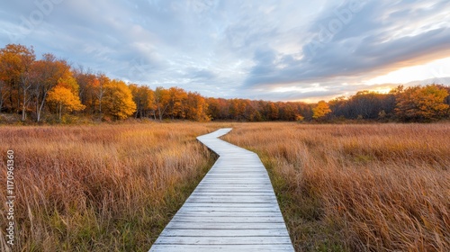 A wooden boardwalk in the middle of a grassy field