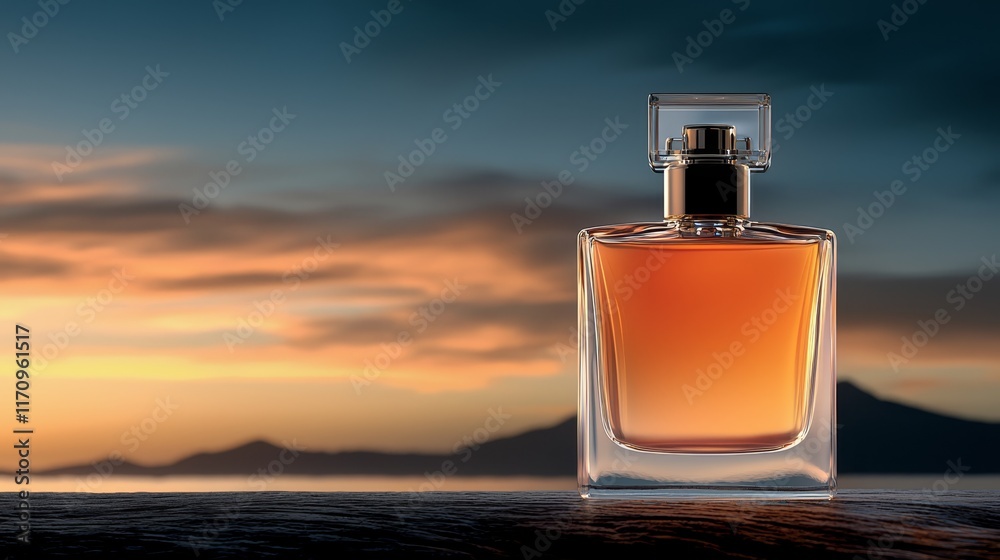 A bottle of perfume sitting on top of a wooden table A bottle of perfume sitting on top of a wooden table