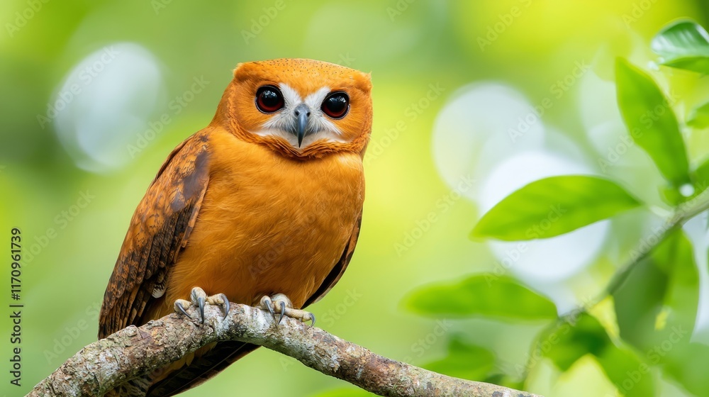 A brown owl sitting on a tree branch with green leaves A brown owl sitting on a tree branch with green leaves