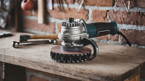 A power grinder resting on a wooden table photo