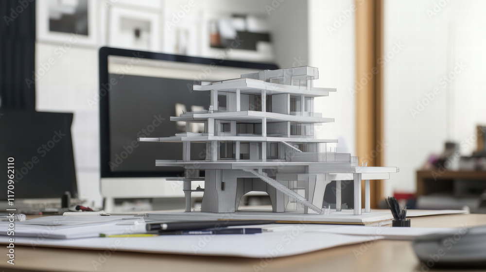 3D printed architectural model on desk, showcasing modern design and creativity. workspace features sketches and computer, emphasizing design process 3D printed architectural model on desk, showcasing modern design and creativity. workspace features sketches and computer, emphasizing design process