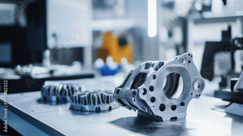 3D printed automotive part displayed in workshop, showcasing intricate design and precision engineering. environment highlights modern manufacturing techniques and innovation