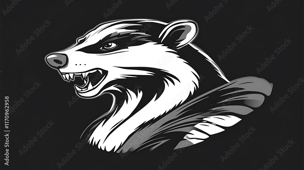 A fierce badger head snarls in monochrome art