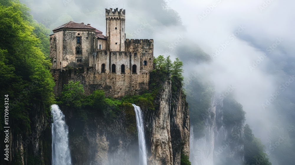 Ancient Castle Perched High On Misty Mountainside Waterfall