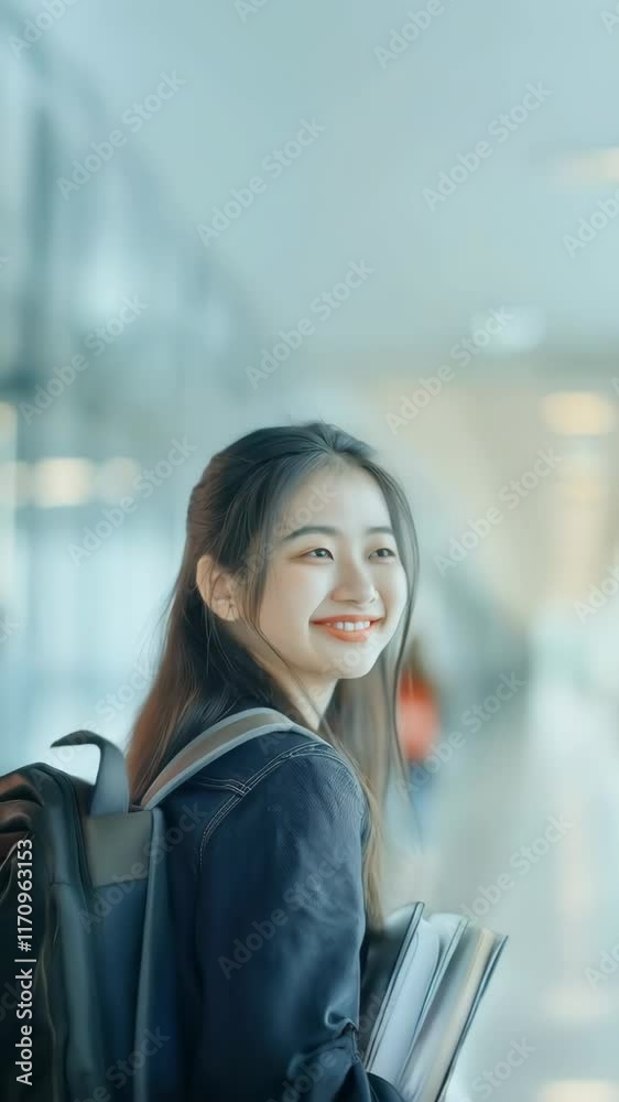 Asian college female student walking in university corridor posing casual Asian college female student walking in university corridor posing casual