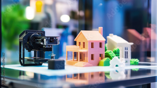 3D printer showcasing its capabilities with colorful miniature houses and trees. vibrant models highlight technology precision and creativity in design
