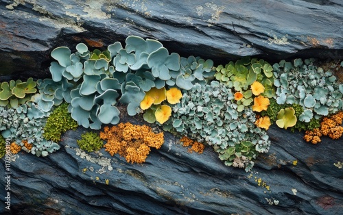 Vibrant coastal plants grow abundantly on a rugged rock surface by the sea, showcasing an array of colors in the sunlight, highlighting nature's resilience and beauty photo