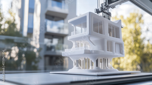 3D printer working on multi story house model, showcasing modern architecture and innovative design. scene captures intricate details of printing process
