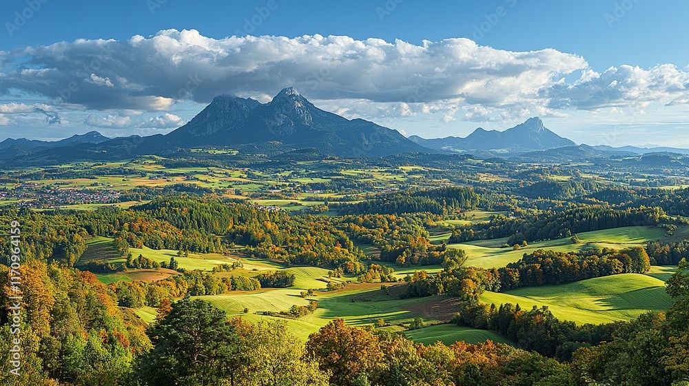 Obraz premium Autumn valley landscape with mountains, forest, fields, and cloudy sky.