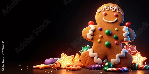 Festive gingerbread man with assorted cookies and candies. photo