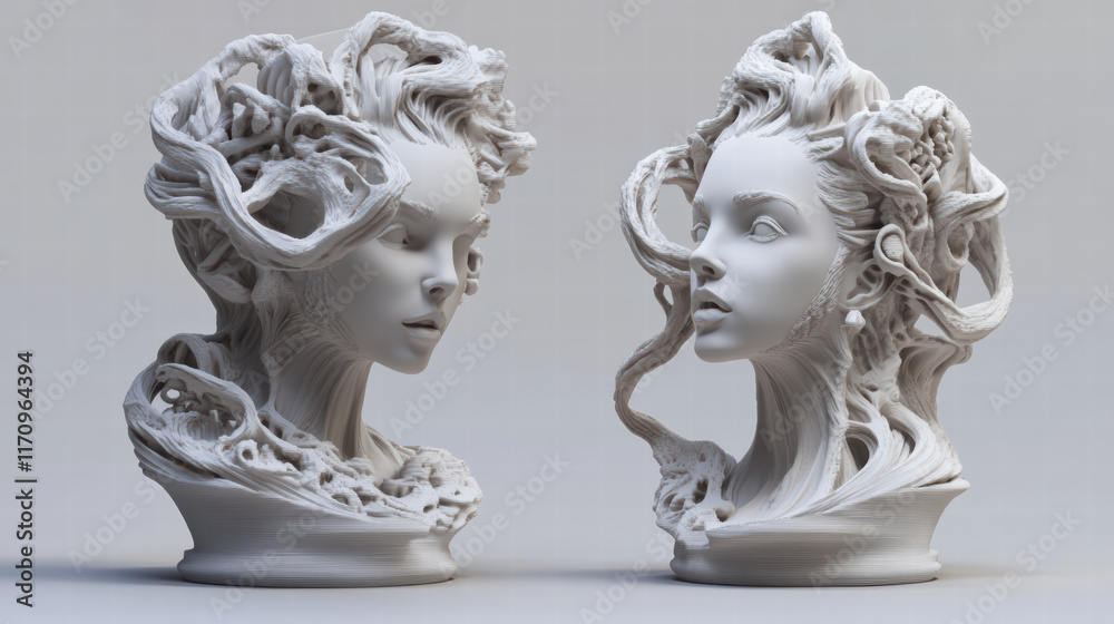 detailed 3D printed sculpture showcasing intricate hair designs and facial features, emphasizing artistic precision and creativity in modern art detailed 3D printed sculpture showcasing intricate hair designs and facial features, emphasizing artistic precision and creativity in modern art