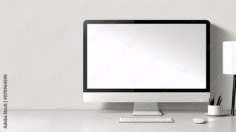 Modern minimalist workspace with desktop computer, keyboard, mouse, and lamp. Modern minimalist workspace with desktop computer, keyboard, mouse, and lamp.