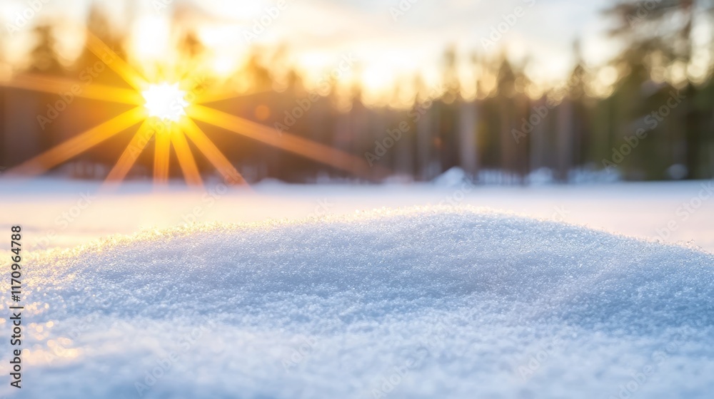 The sun is shining brightly over a snow covered field