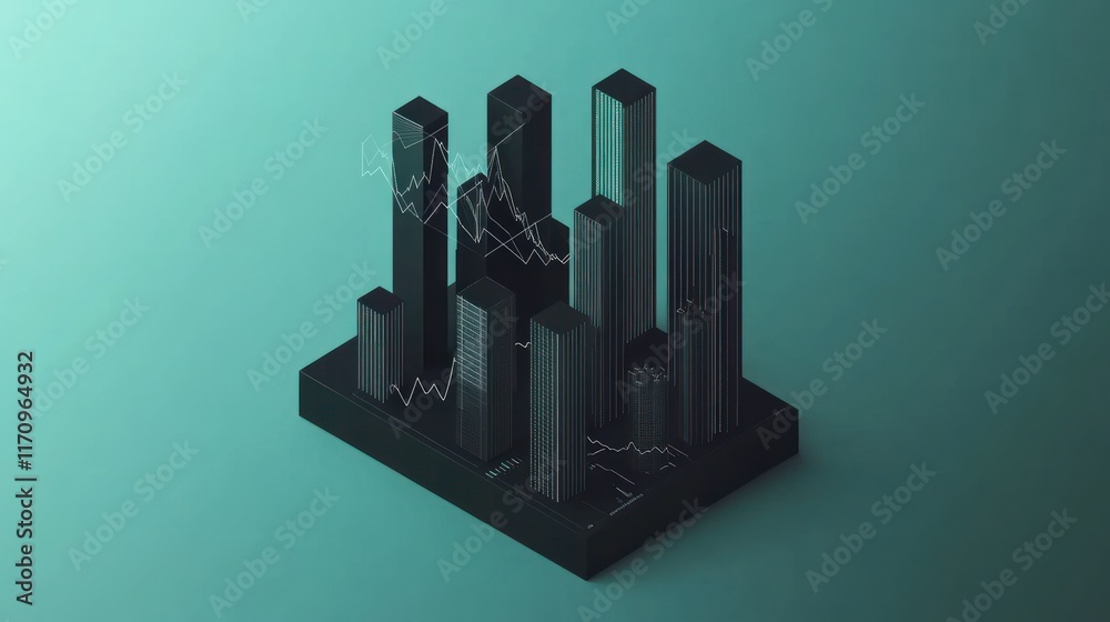 Isometric city skyline with superimposed financial graphs, depicting economic growth or decline. Isometric city skyline with superimposed financial graphs, depicting economic growth or decline.