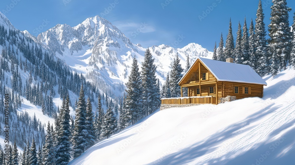 Fototapeta premium A Cozy Wooden Cabin Nestled In Snowy Mountains
