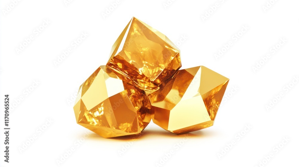 Three lustrous golden crystals cluster together, isolated on white. Three lustrous golden crystals cluster together, isolated on white.