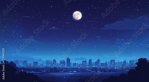 Starlit Cityscape With A Full Moon Over A Quiet Urban Landscape