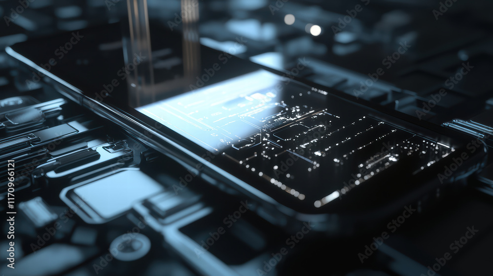 3D smartphone with intricate circuit patterns on its screen, showcasing advanced technology and design. device is placed on dark, high tech surface, emphasizing its modern features 3D smartphone with intricate circuit patterns on its screen, showcasing advanced technology and design. device is placed on dark, high tech surface, emphasizing its modern features