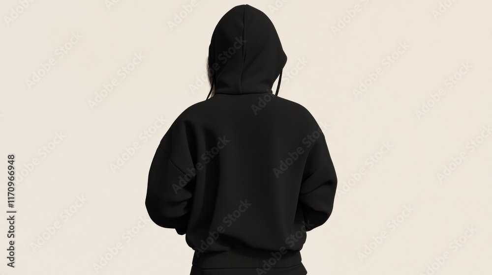 Rear view of a woman wearing a black hoodie. Rear view of a woman wearing a black hoodie.