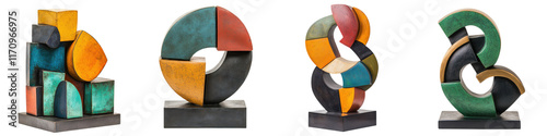 Striking geometric sculptures with bold vibrant colors and abstract forms displayed in a contemporary art exhibition setting showcasing innovative expression and design