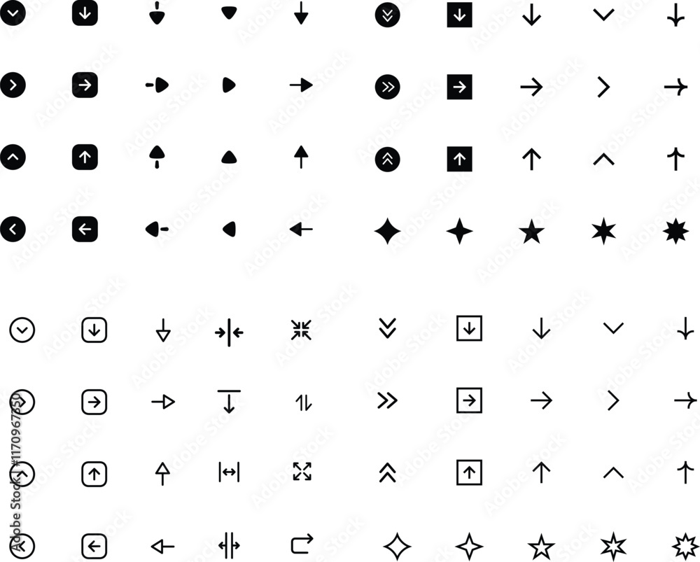 Arrow icon set cursor arrow up down and symbol icons. Modern star shiny, and action icons for web design. Retro futuristic sparkle icons collection. Set of star shapes. Arrow icon set cursor arrow up down and symbol icons. Modern star shiny, and action icons for web design. Retro futuristic sparkle icons collection. Set of star shapes.