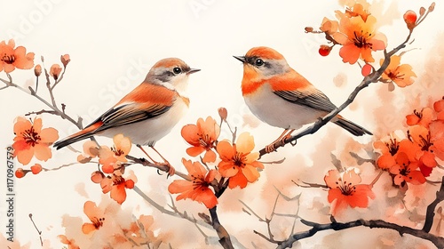 A light and cheerful watercolor illustration of birds chirping on flowering branches photo