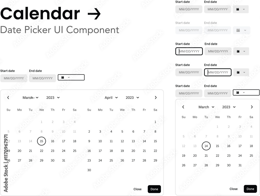 Date Picker User Interface Design Style Guidelines. Material design UI Component. Clean ux design. GUI element interface for start date and end date Date Picker User Interface Design Style Guidelines. Material design UI Component. Clean ux design. GUI element interface for start date and end date
