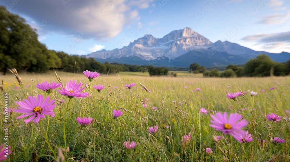 Fototapeta premium A field of purple flowers with a mountain in the background
