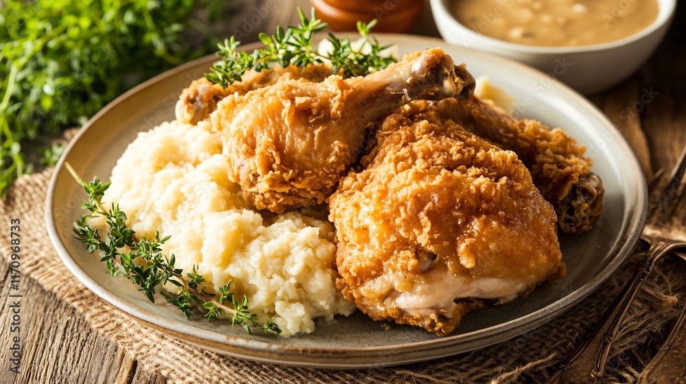 Homestyle chicken and gravy served on an old-fashioned plate, isolated on a burlap cloth with fresh herbs Homestyle chicken and gravy served on an old-fashioned plate, isolated on a burlap cloth with fresh herbs