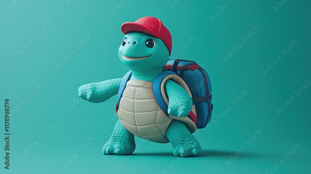 Cute cartoon turtle wearing a red cap and backpack, ready for adventure. Cute cartoon turtle wearing a red cap and backpack, ready for adventure.