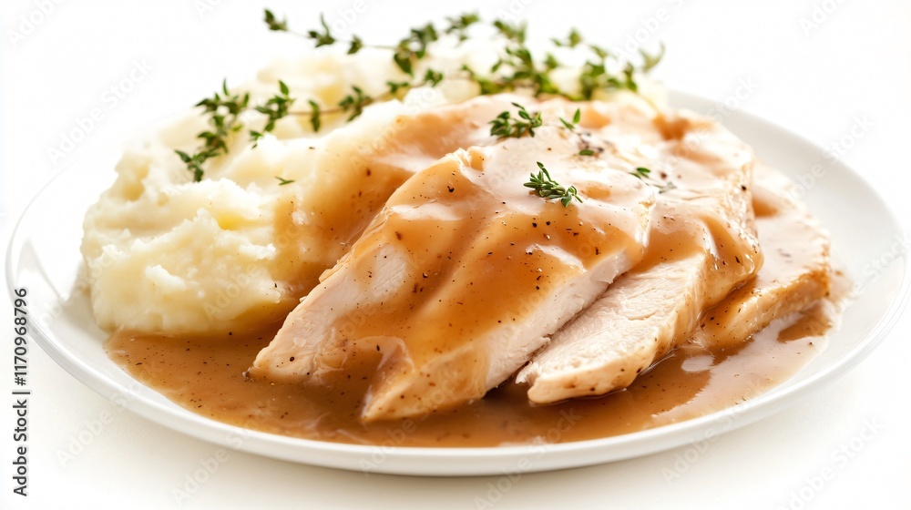 Juicy chicken served with a generous helping of gravy, isolated on a white plate with decorative thyme leaves and mashed potatoes Juicy chicken served with a generous helping of gravy, isolated on a white plate with decorative thyme leaves and mashed potatoes