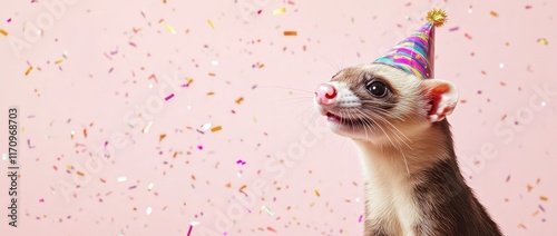 Festive ferret wearing a party hat amidst confetti.