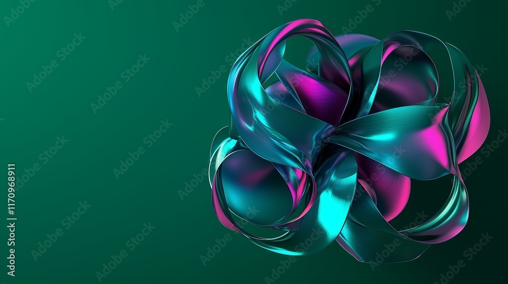 3D rendered iridescent shapes in teal and magenta against a deep green background. The design features a significant centered negative space, enhancing the vibrant color scheme. 3D rendered iridescent shapes in teal and magenta against a deep green background. The design features a significant centered negative space, enhancing the vibrant color scheme.