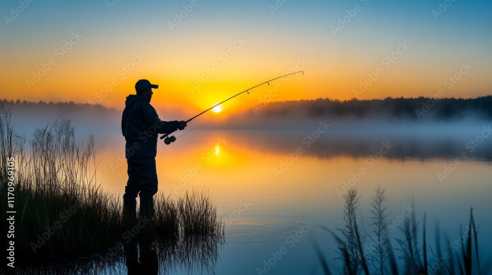 Silhouette of a man fishing at sunrise on a misty lake. Silhouette of a man fishing at sunrise on a misty lake.