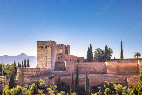 View of the Alhambra palace from the Mirador de San Nicolas lookout in Granada town in Spain. Ancient stone fortress with tall trees against a clear blue sky.  photo