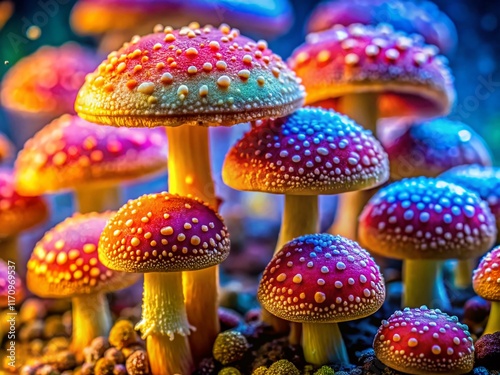 Macro Photography: Vibrant Spores on a Mushroom Cap, Detailed Texture and Color photo