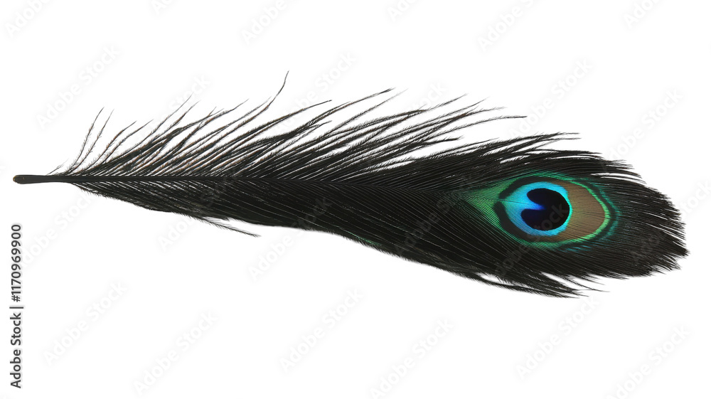 Obraz premium Single Peacock Feather With Vibrant Colors Captured in Detail for Artistic and Decorative Uses.