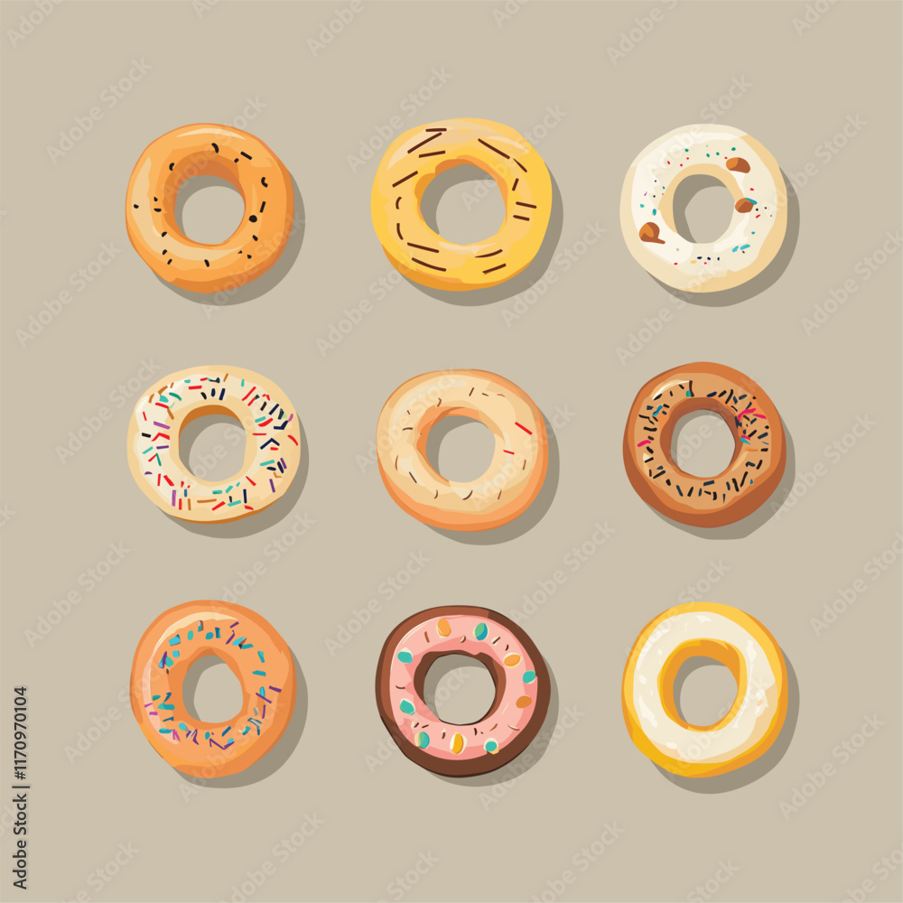 Fototapeta premium Nine donuts with different icing and sprinkles, arranged.