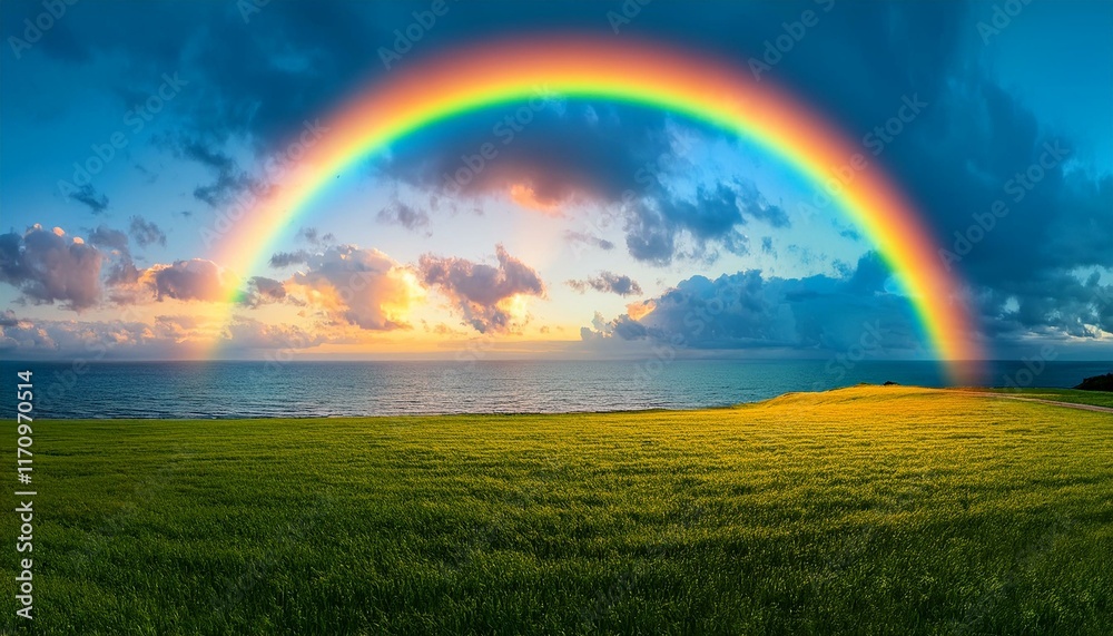 Naklejka premium rainbow over green field