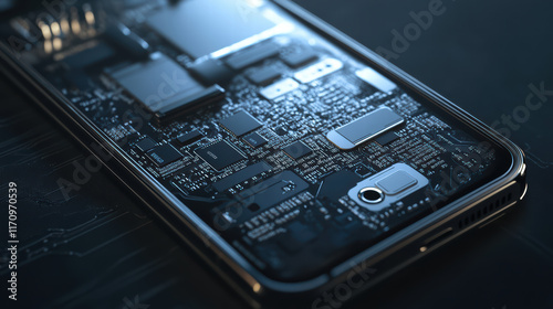 close up of smartphone internal components, showcasing intricate circuitry and microchips. detailed design highlights modern technology and innovation