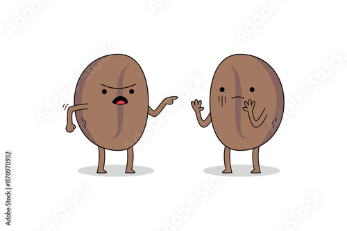 Cute coffee beans cartoon character arguing with one another doodle