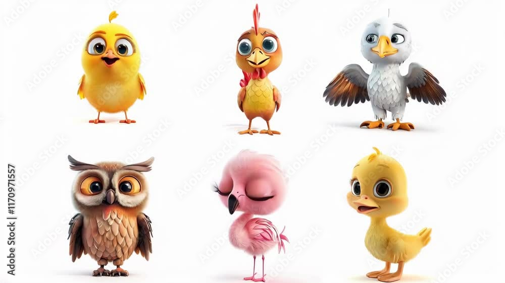 3D Animated Birds: Chick, Rooster, Seagull, Owl, Flamingo, and Duckling on Seamless White Background